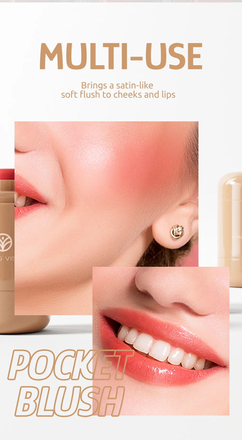 Powder blusher stick, natural 6 color, matte, portable, lip and cheek pocket, rouge cream