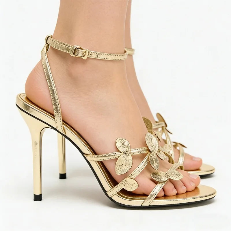 Brand Designer High Heels Women Gold Ankle Strap Fashion Sandals Female Open Toe Narrow