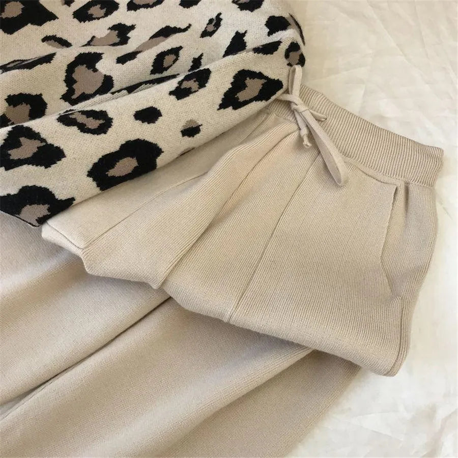 Womens Knitted 2 Piece Sets Leopard Print Pullovers Tops + High Waist Knitwear Jogger Pants Suit Casual Autumn Sweater Conjuntos
