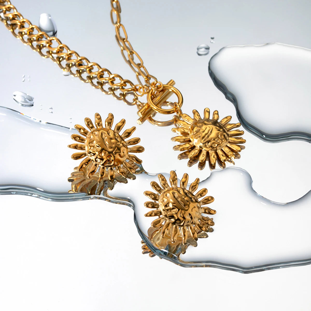 Gold Plated Stainless Sunflower Earrings & Pendant Necklace