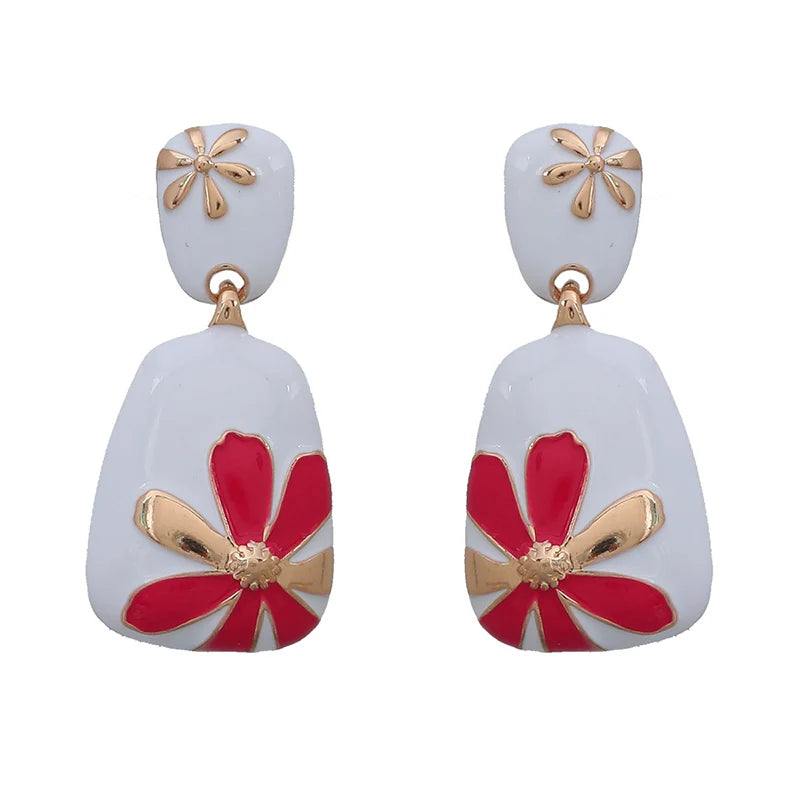 Enamel Flower Metal Dangle Post Earrings For Women