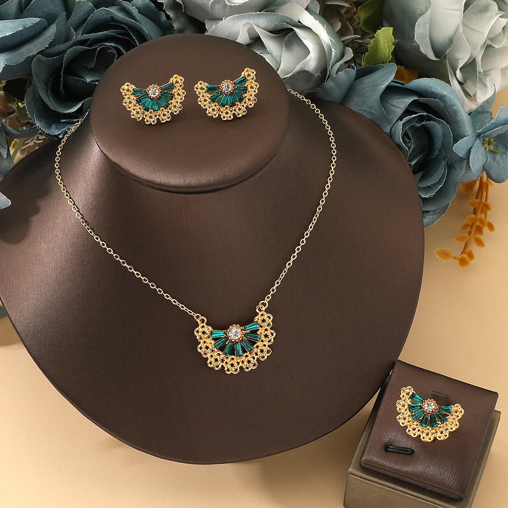 Golden Stainless steel necklace + earrings + ring Set for Women's Jewelry