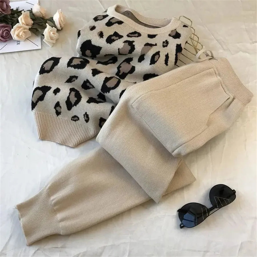 Womens Knitted 2 Piece Sets Leopard Print Pullovers Tops + High Waist Knitwear Jogger Pants Suit Casual Autumn Sweater Conjuntos