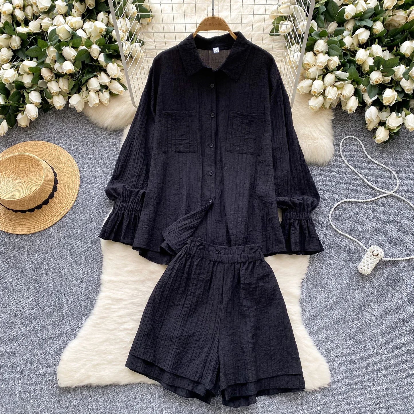 Elegant Polo-neck Vintage Long Flare Sleeves Chic Single Breasted Shirts High Waist Wide Leg Short Pants Sets