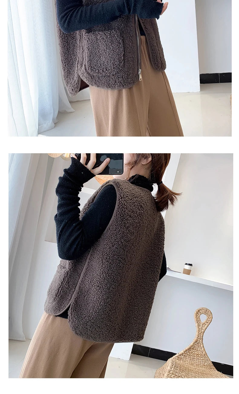 Women Faux Lamb Fur Vest Coat With Pockets Warm Casual Cardigan Jacket