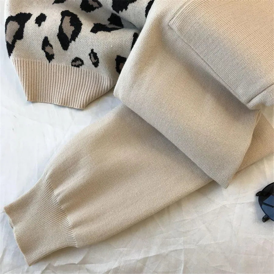 Womens Knitted 2 Piece Sets Leopard Print Pullovers Tops + High Waist Knitwear Jogger Pants Suit Casual Autumn Sweater Conjuntos