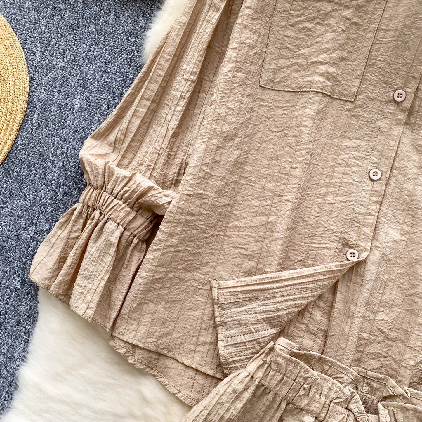 Elegant Polo-neck Vintage Long Flare Sleeves Chic Single Breasted Shirts High Waist Wide Leg Short Pants Sets