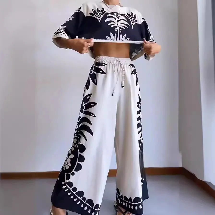 Elegant Printed Sets Outfit For Women Short Tops Wide Leg Pants
