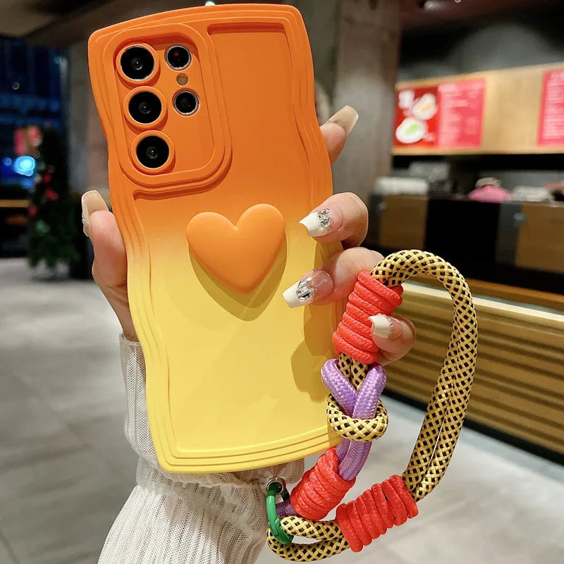 Custodia con cinturino da polso con gradiente a forma di cuore per Samsung Galaxy S24 Ultra S23 S21 S20 FE S22 Plus Note 20 A55 A535 A25 A15 5G A05s A05