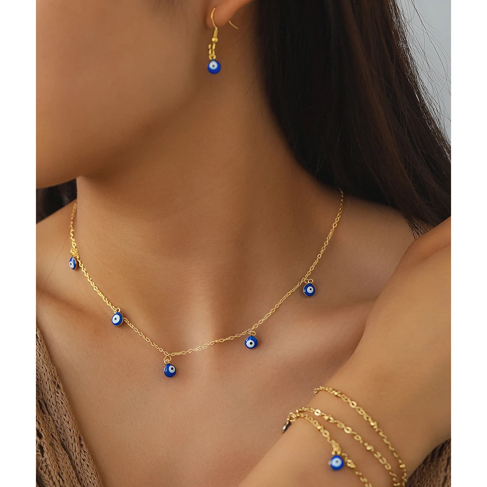 Stainless Steel Jewelry Set Fashion Hanging Small Eyes Earrings Bracelets Necklaces 3 Piece Jewelry Set For Women Jewelry Gifts