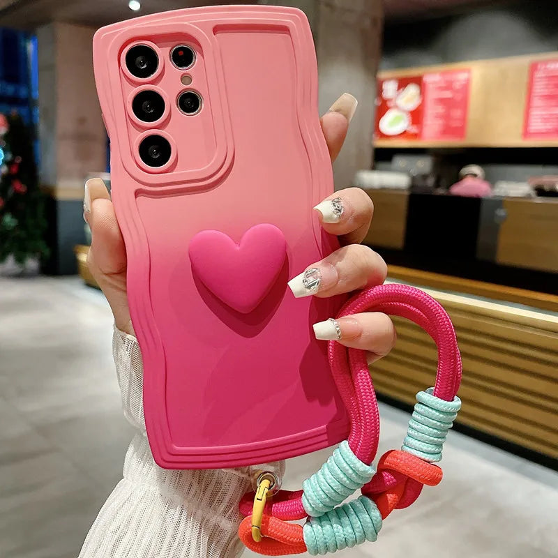 Custodia con cinturino da polso con gradiente a forma di cuore per Samsung Galaxy S24 Ultra S23 S21 S20 FE S22 Plus Note 20 A55 A535 A25 A15 5G A05s A05