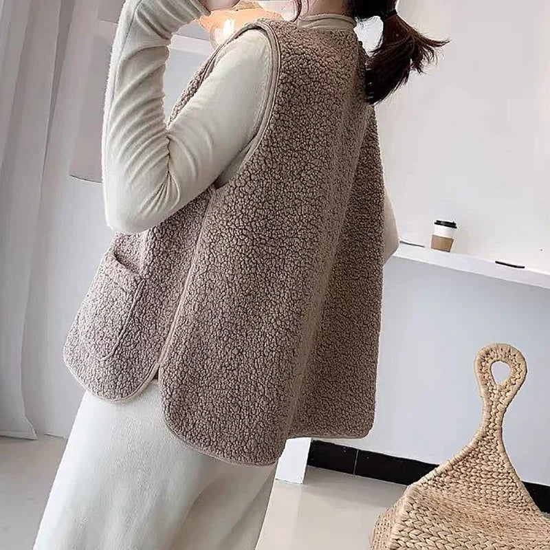 Women Faux Lamb Fur Vest Coat With Pockets Warm Casual Cardigan Jacket