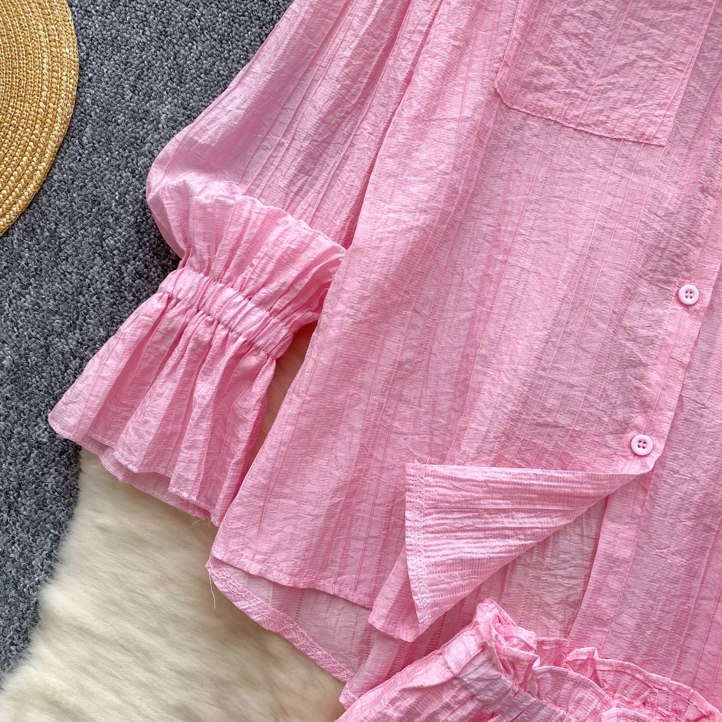 Elegant Polo-neck Vintage Long Flare Sleeves Chic Single Breasted Shirts High Waist Wide Leg Short Pants Sets