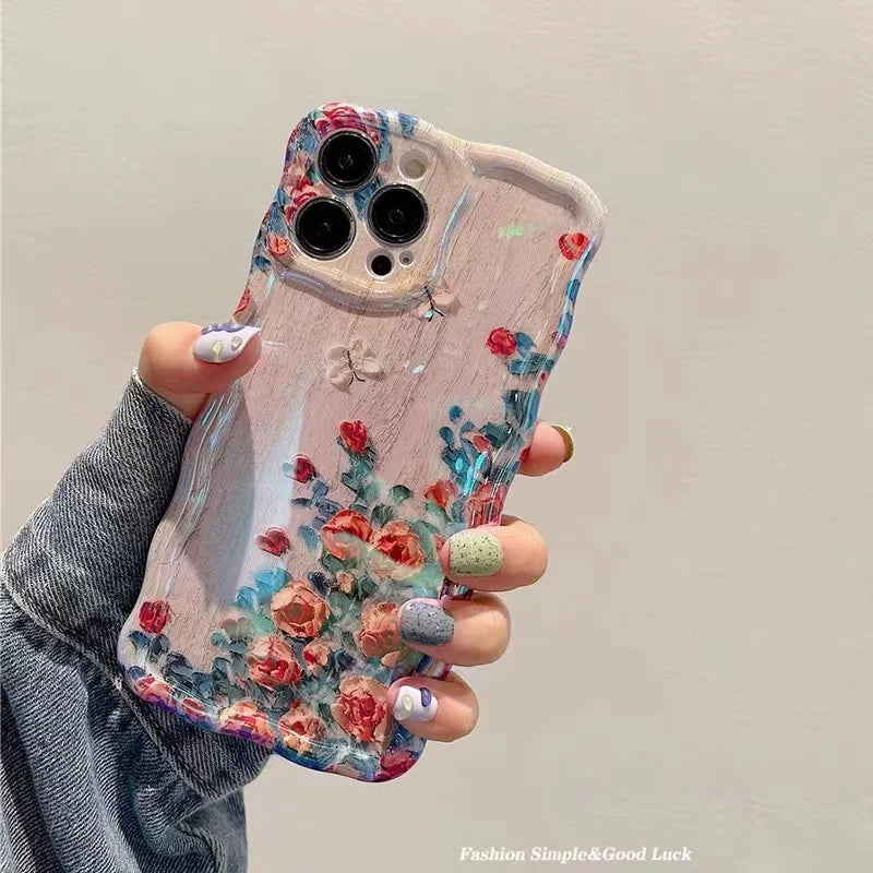 Custodia per telefono con fiori laser rosa di lusso per iPhone 14 Pro Max 11 12 13 15 Pro Max, protezione per obiettivo, antiurto, morbida