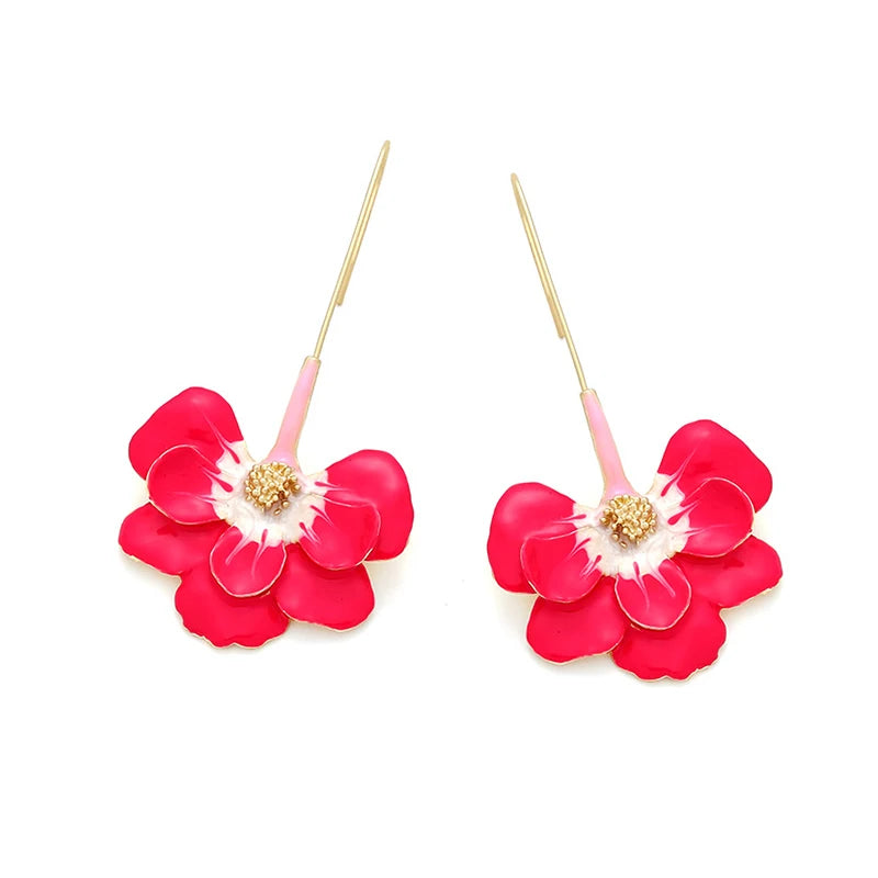 Long Drop Metal Enamel Petal Earrings For Women Cute Colorful Flower