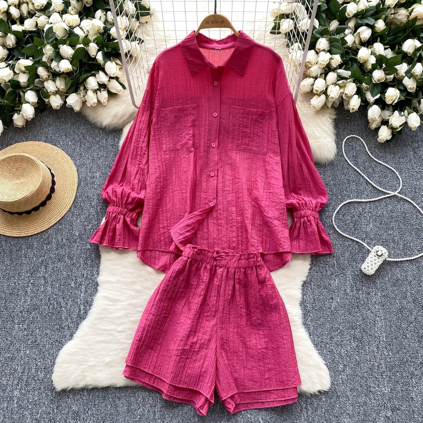 Elegant Polo-neck Vintage Long Flare Sleeves Chic Single Breasted Shirts High Waist Wide Leg Short Pants Sets