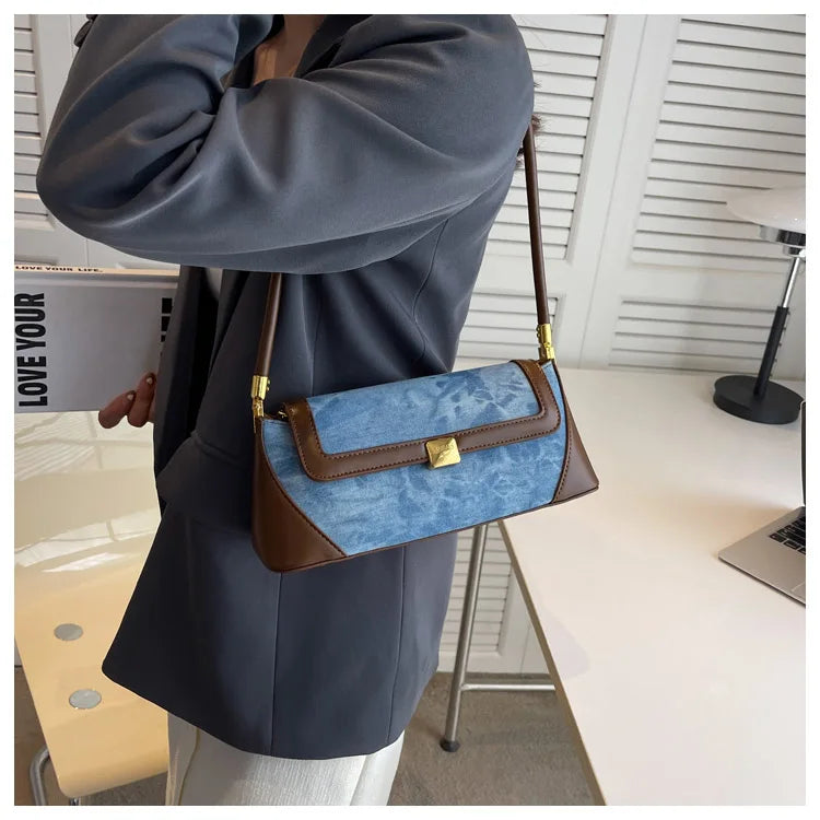 Retro Blue Denim Patchwork Bag New Women's Magnetic Buckle Zipper Shoulder Handbag