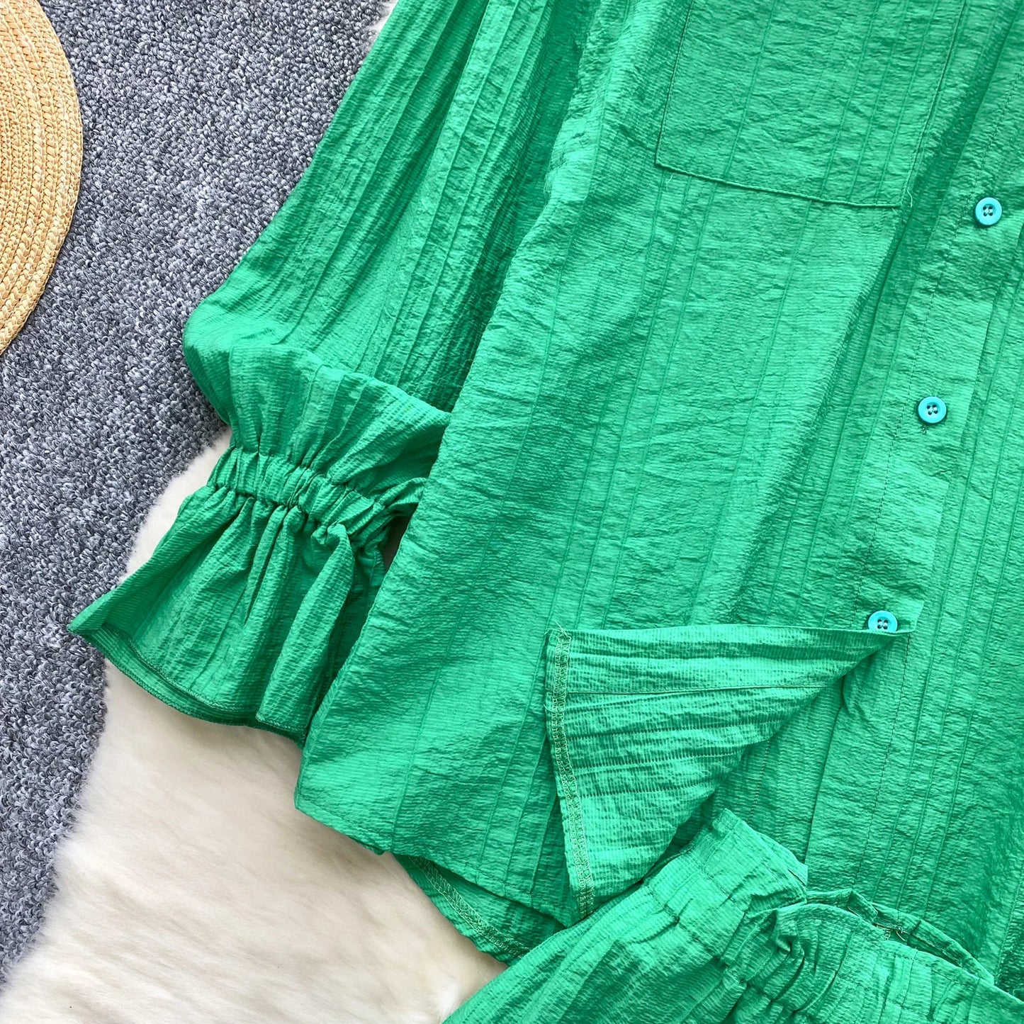 Elegant Polo-neck Vintage Long Flare Sleeves Chic Single Breasted Shirts High Waist Wide Leg Short Pants Sets