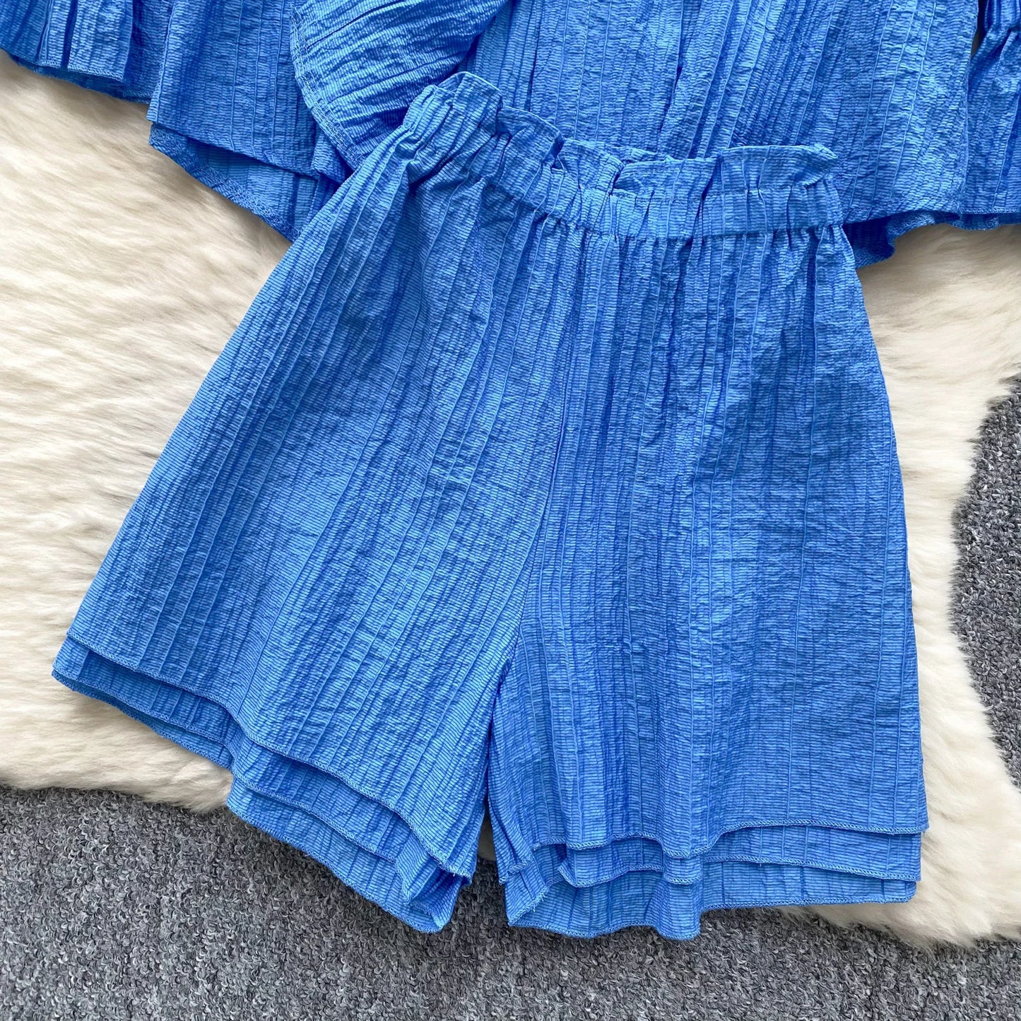 Elegant Polo-neck Vintage Long Flare Sleeves Chic Single Breasted Shirts High Waist Wide Leg Short Pants Sets