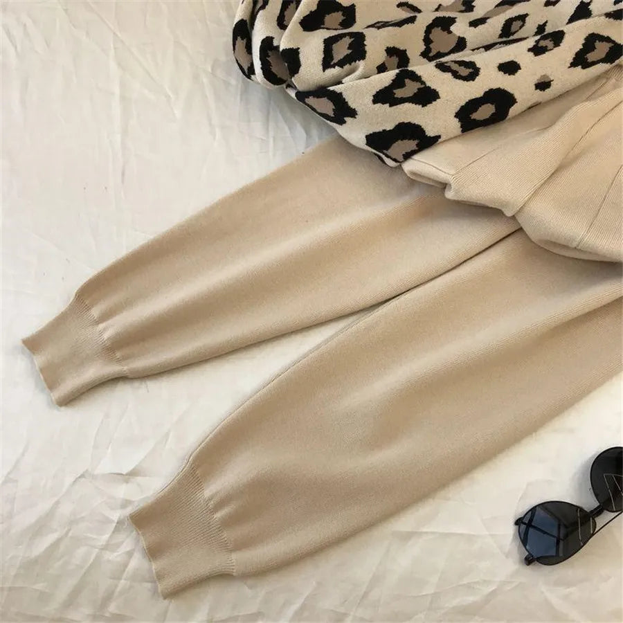 Womens Knitted 2 Piece Sets Leopard Print Pullovers Tops + High Waist Knitwear Jogger Pants Suit Casual Autumn Sweater Conjuntos