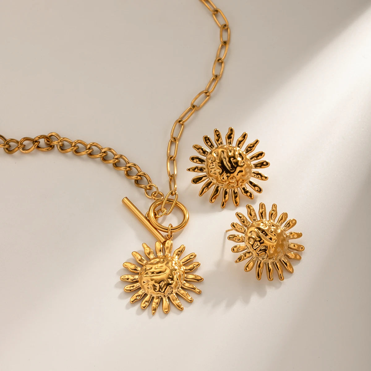 Gold Plated Stainless Sunflower Earrings & Pendant Necklace