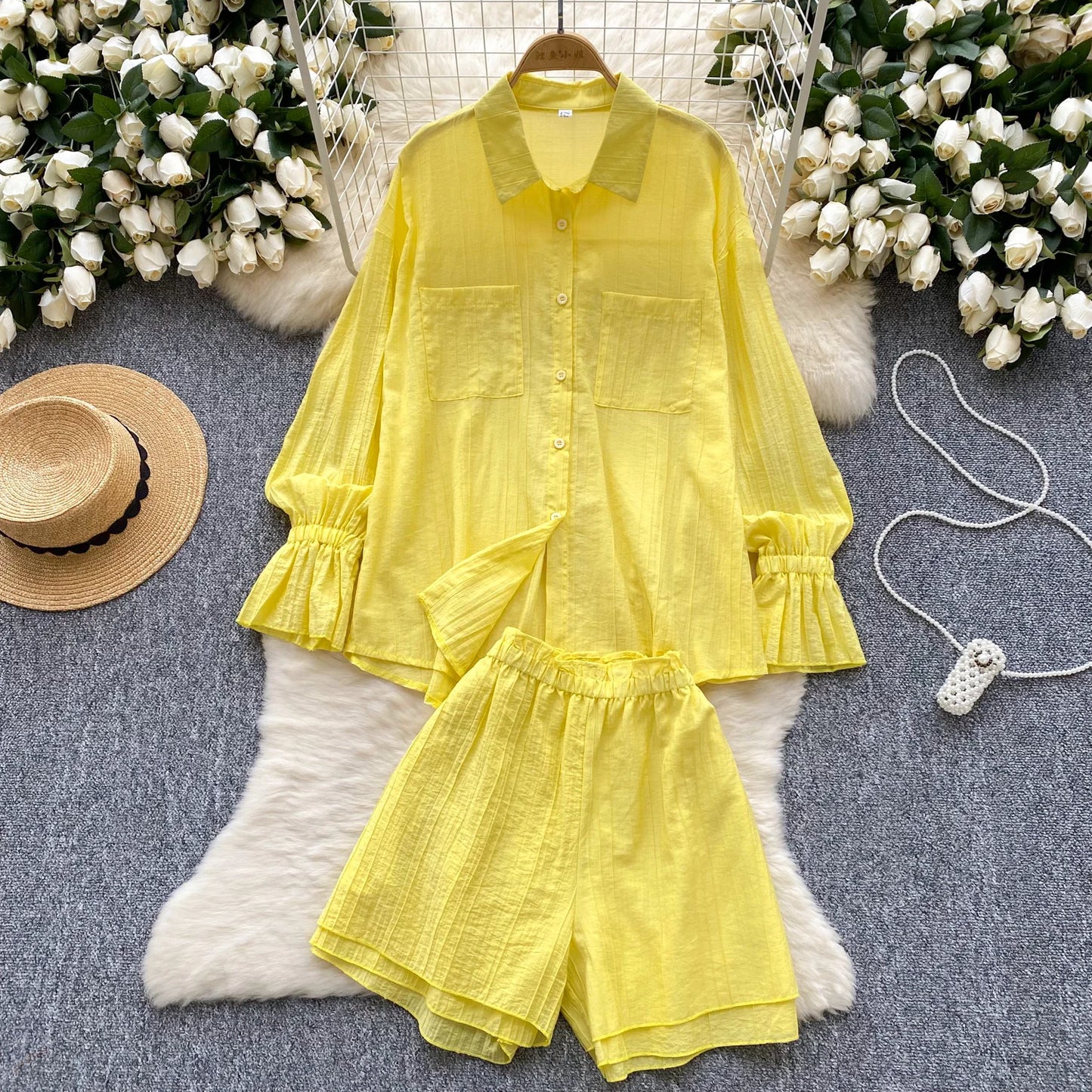 Elegant Polo-neck Vintage Long Flare Sleeves Chic Single Breasted Shirts High Waist Wide Leg Short Pants Sets