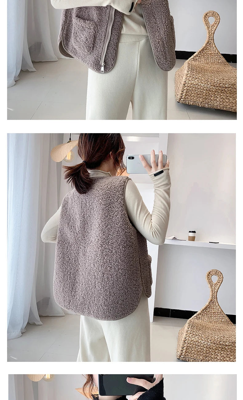 Women Faux Lamb Fur Vest Coat With Pockets Warm Casual Cardigan Jacket