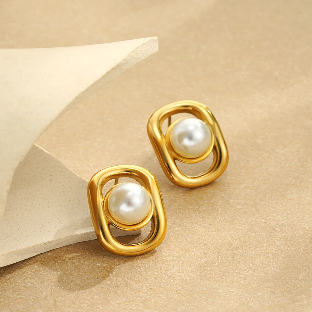 Elegant Stainless Gold Plated Pearl Steel Earrings for Women