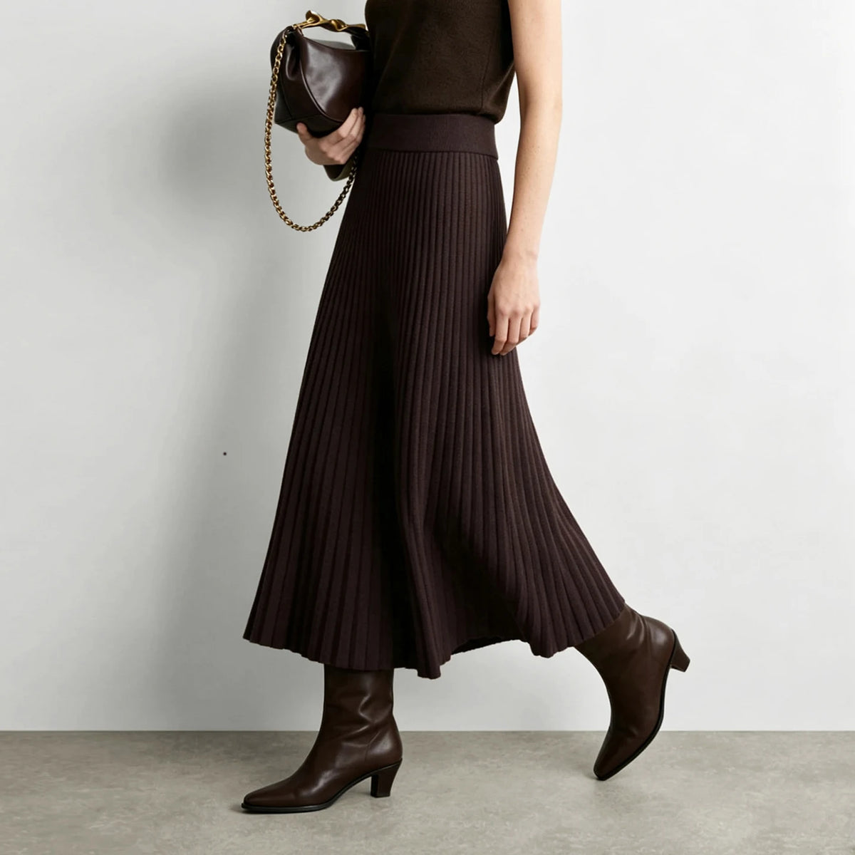 Skirts High Waist A-Line Elastic Slim Swing Ribbed Knit Midi Skirt