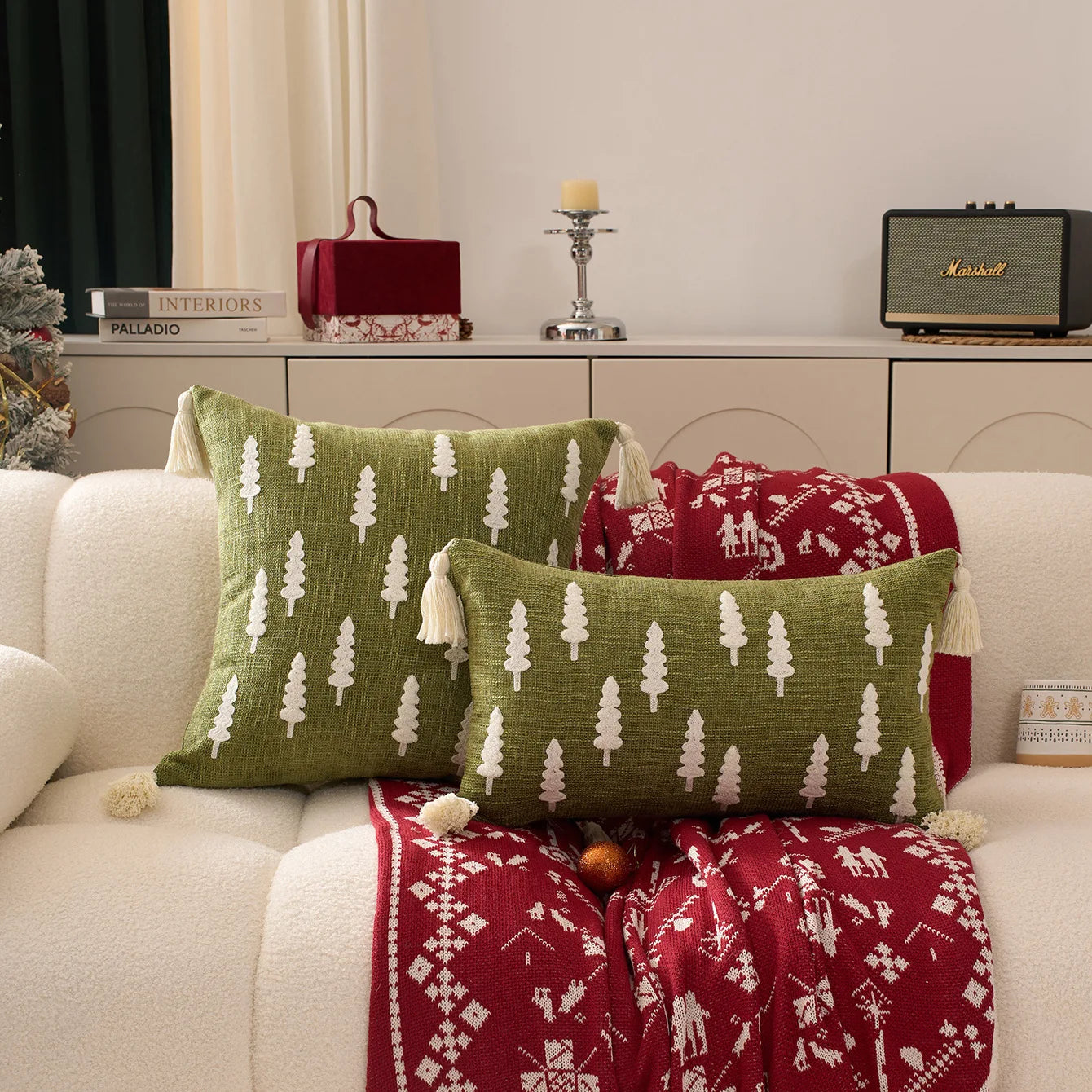 1PCS Black And White Christmas Tree Embroidered Canvas Pillow Cover