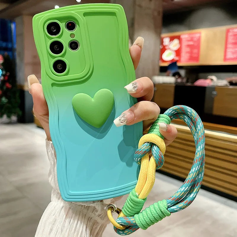 Custodia con cinturino da polso con gradiente a forma di cuore per Samsung Galaxy S24 Ultra S23 S21 S20 FE S22 Plus Note 20 A55 A535 A25 A15 5G A05s A05