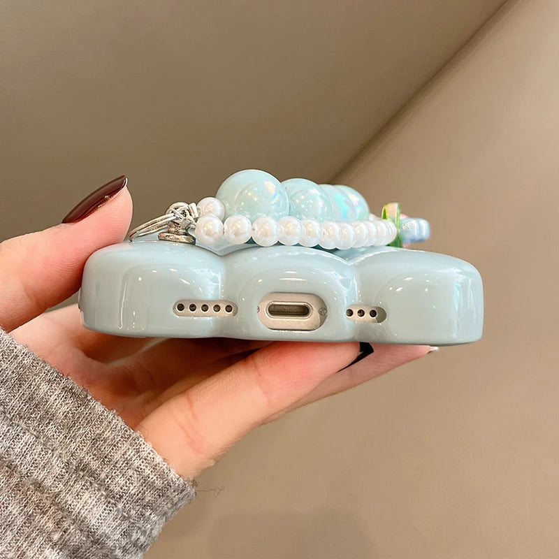 Luxury Pearl Bracelet 3D Ice Lattice Case For iPhone 13 Pro Max 16 15 14 11 12 Phone Back Cover