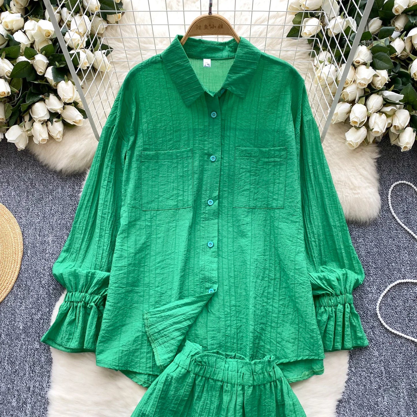 Elegant Polo-neck Vintage Long Flare Sleeves Chic Single Breasted Shirts High Waist Wide Leg Short Pants Sets