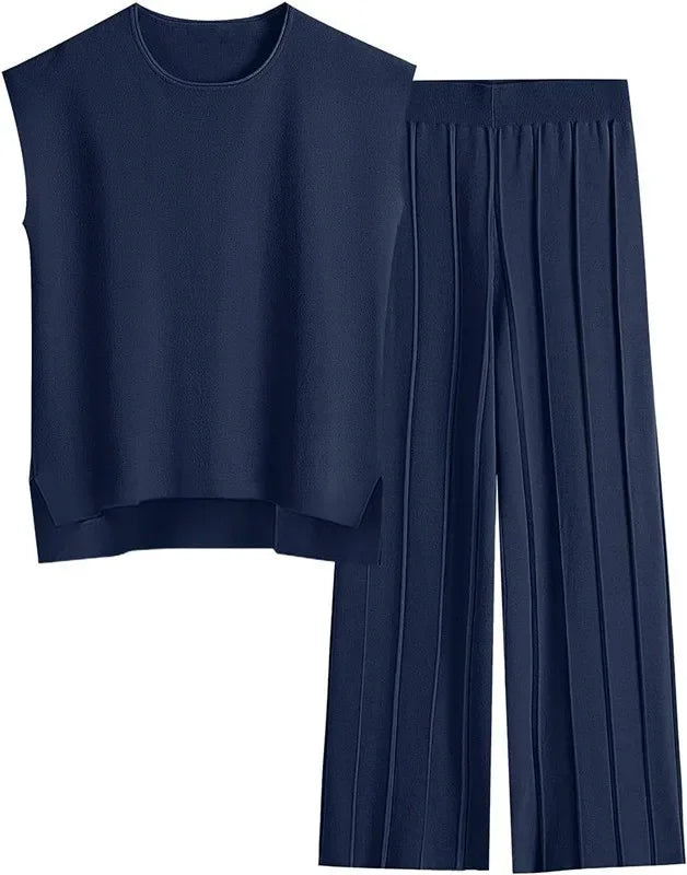 Casual Knitted Women's Set Sleeveless Vest Knitted Sweater plus Wide Leg Pants