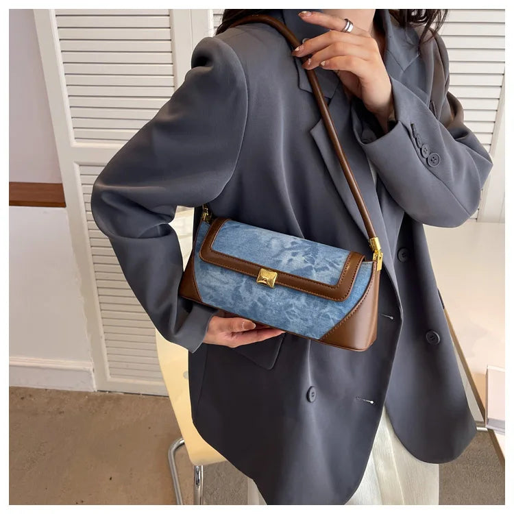 Retro Blue Denim Patchwork Bag New Women's Magnetic Buckle Zipper Shoulder Handbag