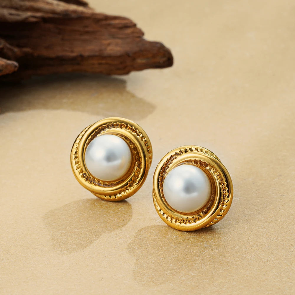 Elegant Stainless Gold Plated Pearl Steel Earrings for Women