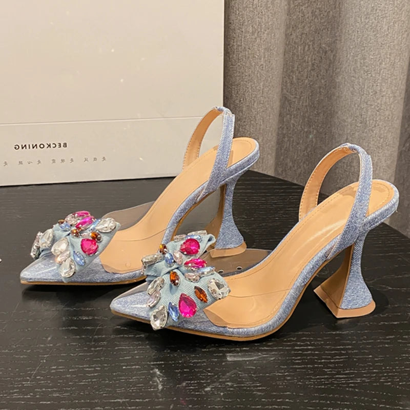 Fashion Denim Bowknot Crystal Pointed Women Sandals Party Spring Shoes