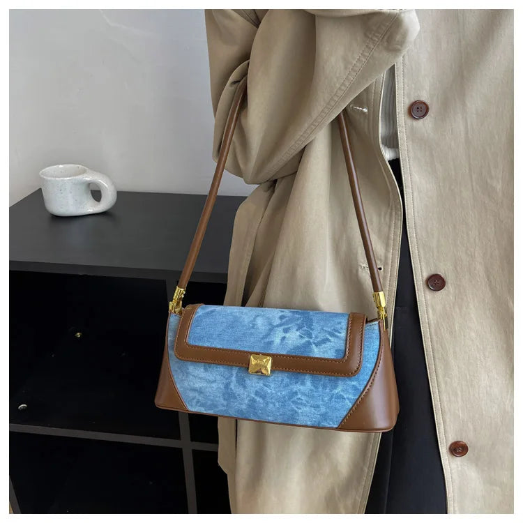 Retro Blue Denim Patchwork Bag New Women's Magnetic Buckle Zipper Shoulder Handbag