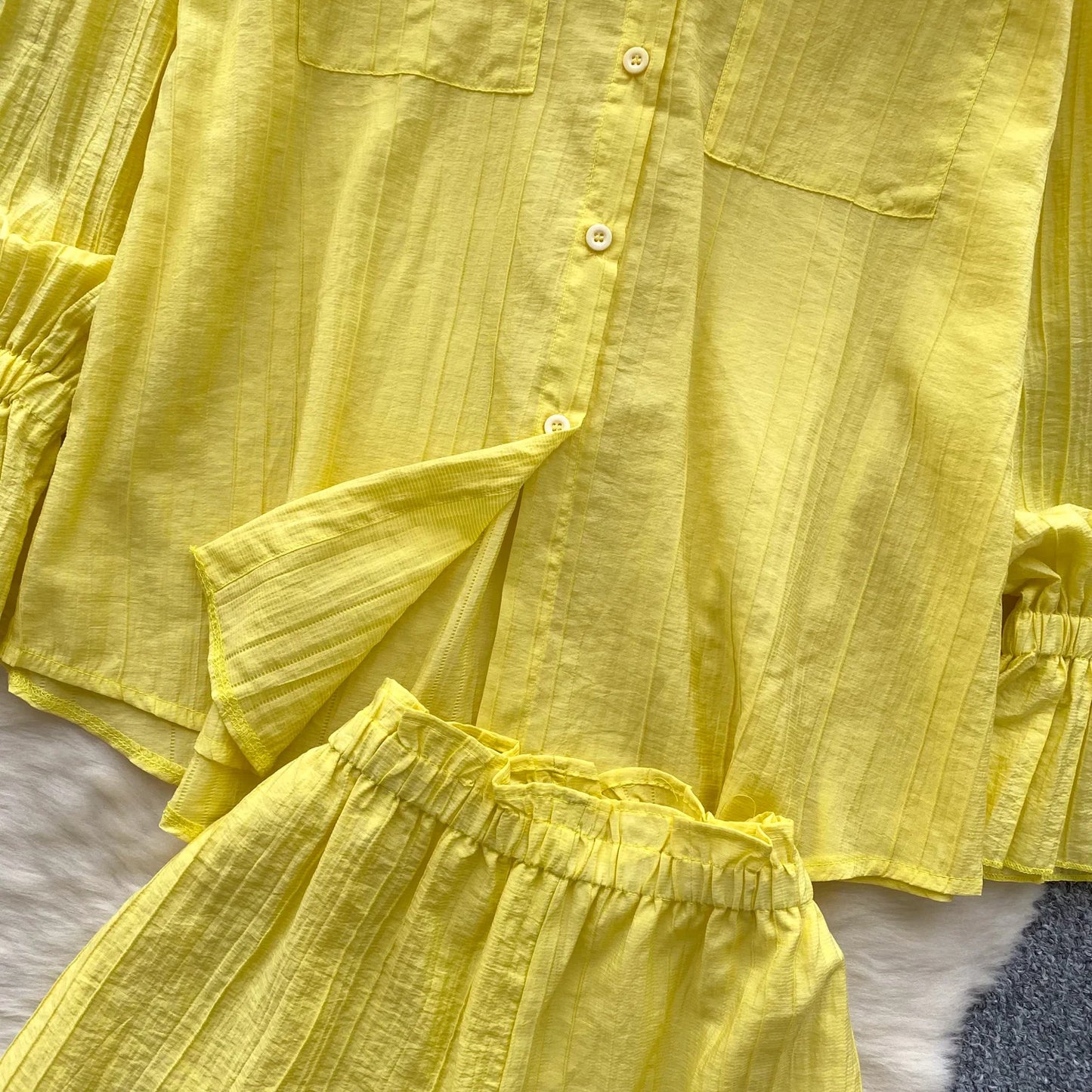 Elegant Polo-neck Vintage Long Flare Sleeves Chic Single Breasted Shirts High Waist Wide Leg Short Pants Sets