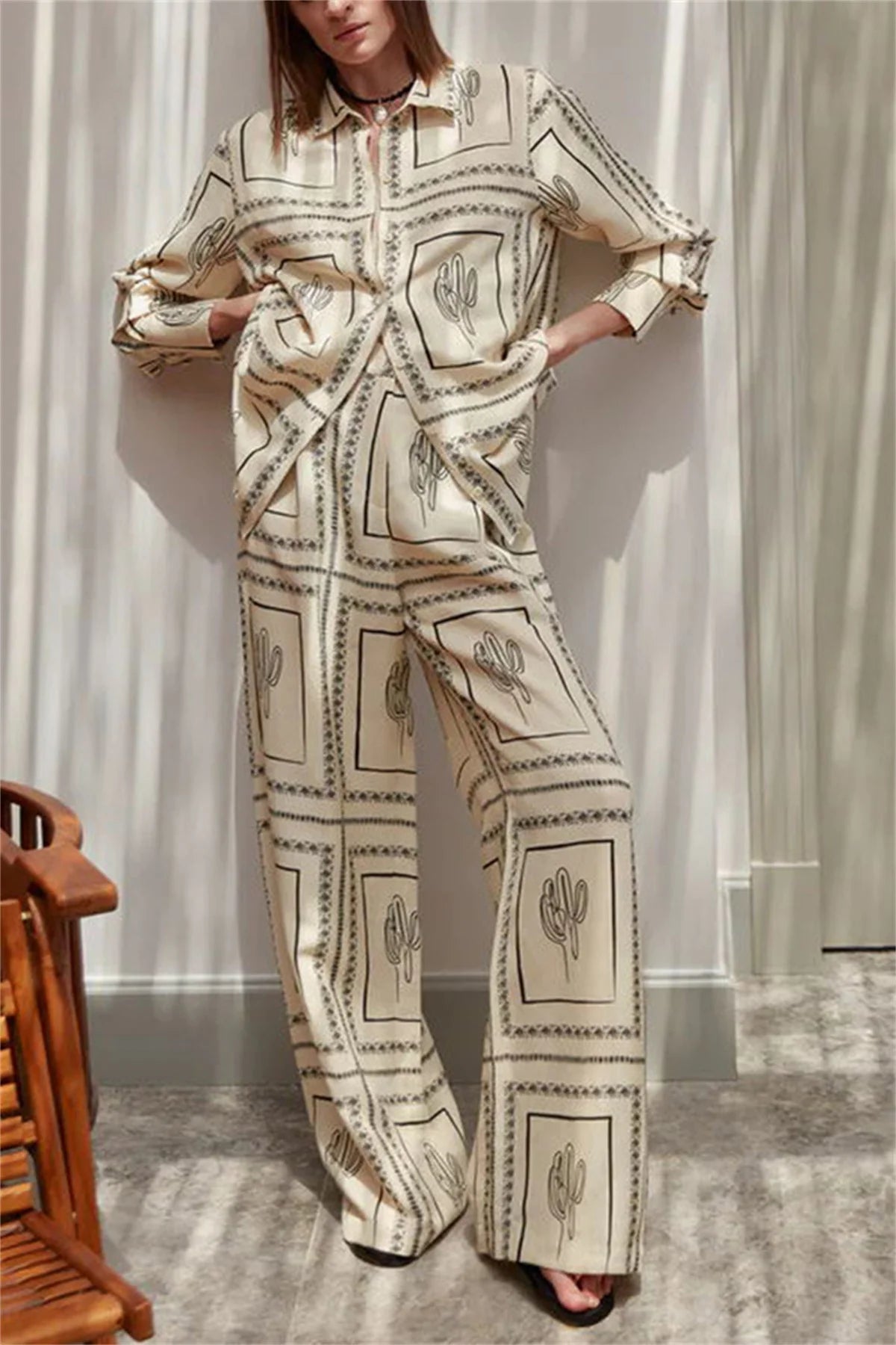 Female Printed Shirts Two Piece Set Lapel Long Sleeve Top High Waist Wide Leg Pants 2024 Spring Summer Women Home Wear Suits
