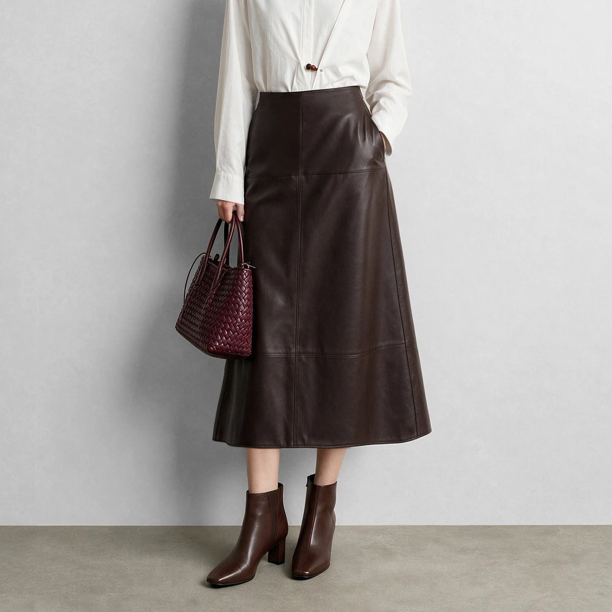 Women's Faux Leather A-Line Midi Skirt Loose Pockets Slim High Waist