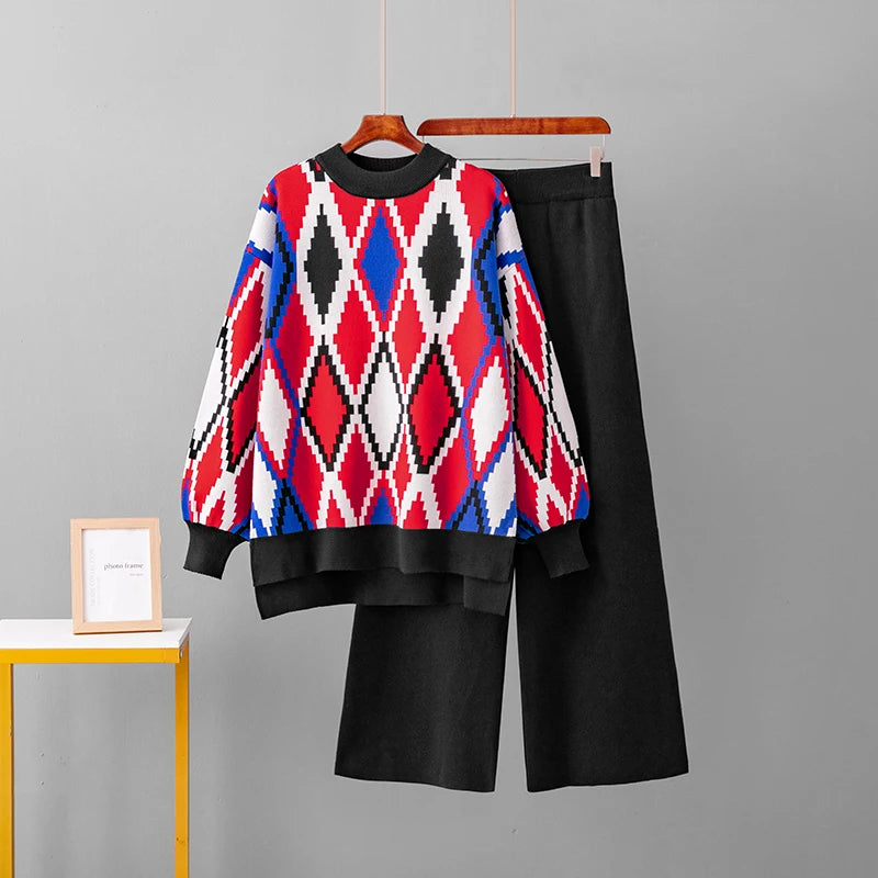 Knitted Two-Piece Matching Sets for Women Loose Trousers Suit Long Sleeve Top Wide Leg Pants Casual Outfits Lozenge Sweater