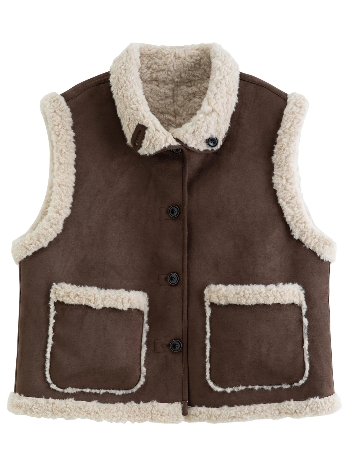 Women Faux Shearling Reversible Vest Suede-Like Lamb Fur Stand Collar Double-Side
