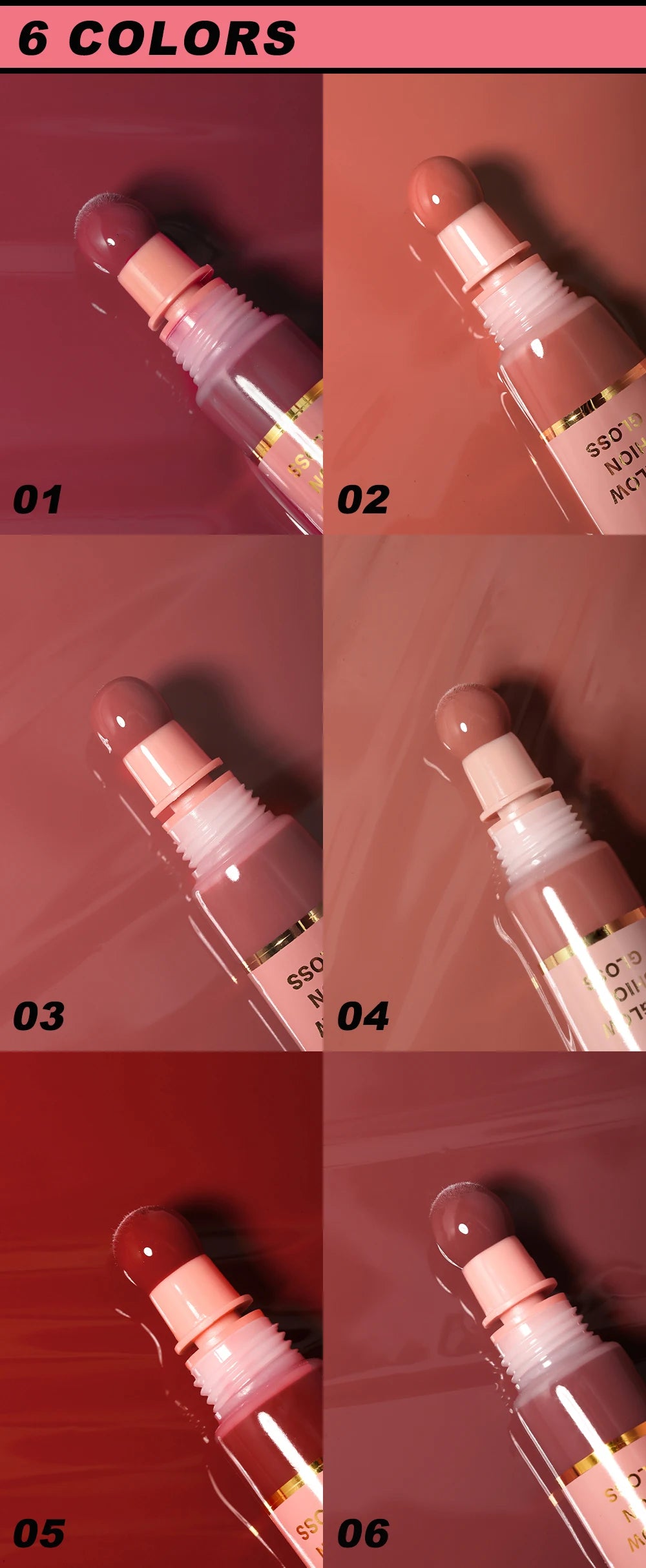 Liquid Water Brightening Lip 6 Color Plush Brush Head Squeezing Lip Color Moisturizing Lip Glaze