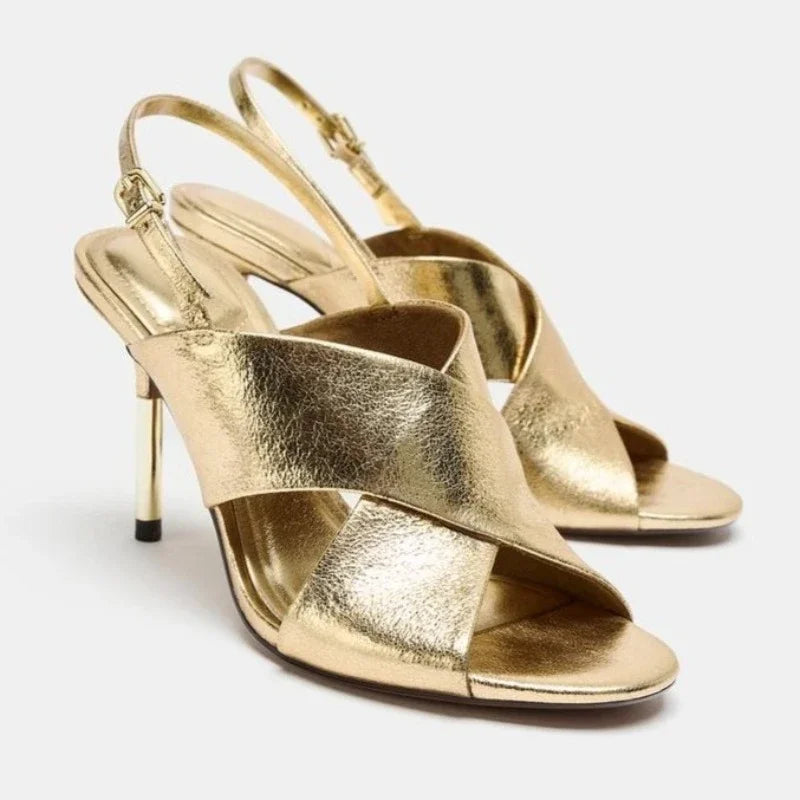 Luxury Designer Women Heels Sandals Gold Sexy Peep Toe Thin Heeled Party Shoes