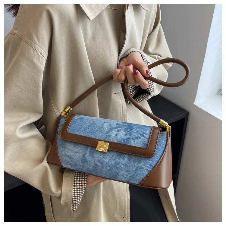 Retro Blue Denim Patchwork Bag New Women's Magnetic Buckle Zipper Shoulder Handbag