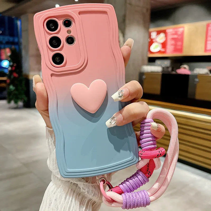 Custodia con cinturino da polso con gradiente a forma di cuore per Samsung Galaxy S24 Ultra S23 S21 S20 FE S22 Plus Note 20 A55 A535 A25 A15 5G A05s A05
