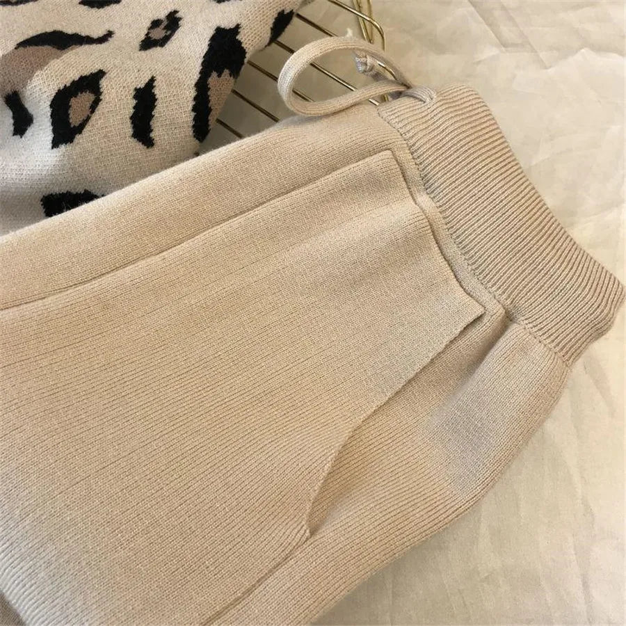 Womens Knitted 2 Piece Sets Leopard Print Pullovers Tops + High Waist Knitwear Jogger Pants Suit Casual Autumn Sweater Conjuntos