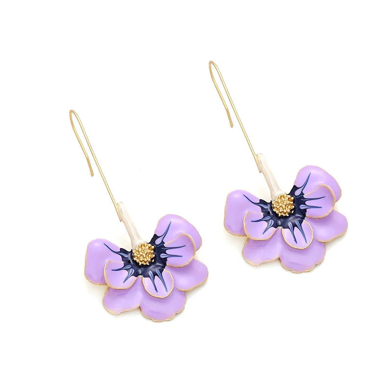 Long Drop Metal Enamel Petal Earrings For Women Cute Colorful Flower