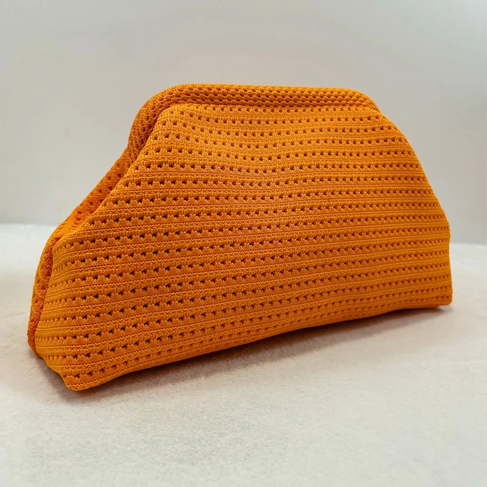 Trendy Solid Color Women Beach Clutch Bag Large Capacity Hollow Out Banquet Bag Soft Elastic Dumpling Purse Summer Season